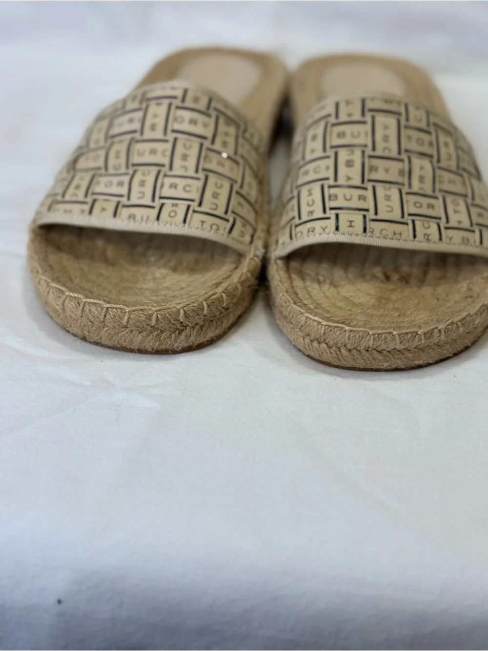 Tory Burch Tan Logo-Print Woven Espadrille Slide Sandals SZ 7.5 VGC $265